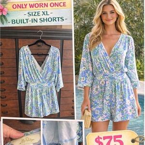 Lilly Pulitzer Blue and Green Floral Wrap Romper